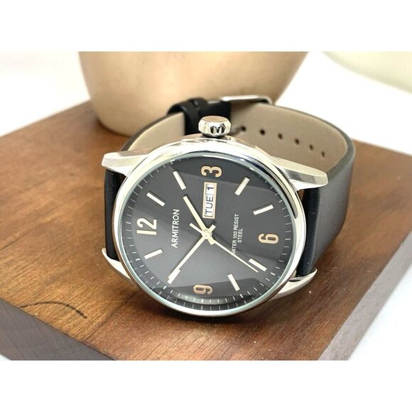 Armitron Men's Watch 20/5048SV Black Dial Day Date Quartz Leather Strap 40mm - Picture 8 of 14
